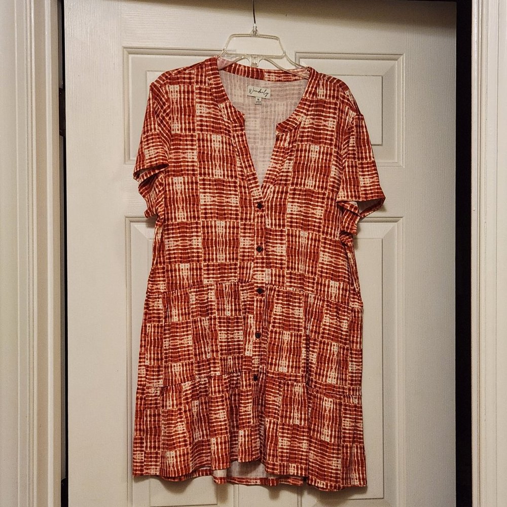 LADIES TUNIC-WONDERLY-SIZE XL-RED/WHITE CHECK-RUFFLES #1642